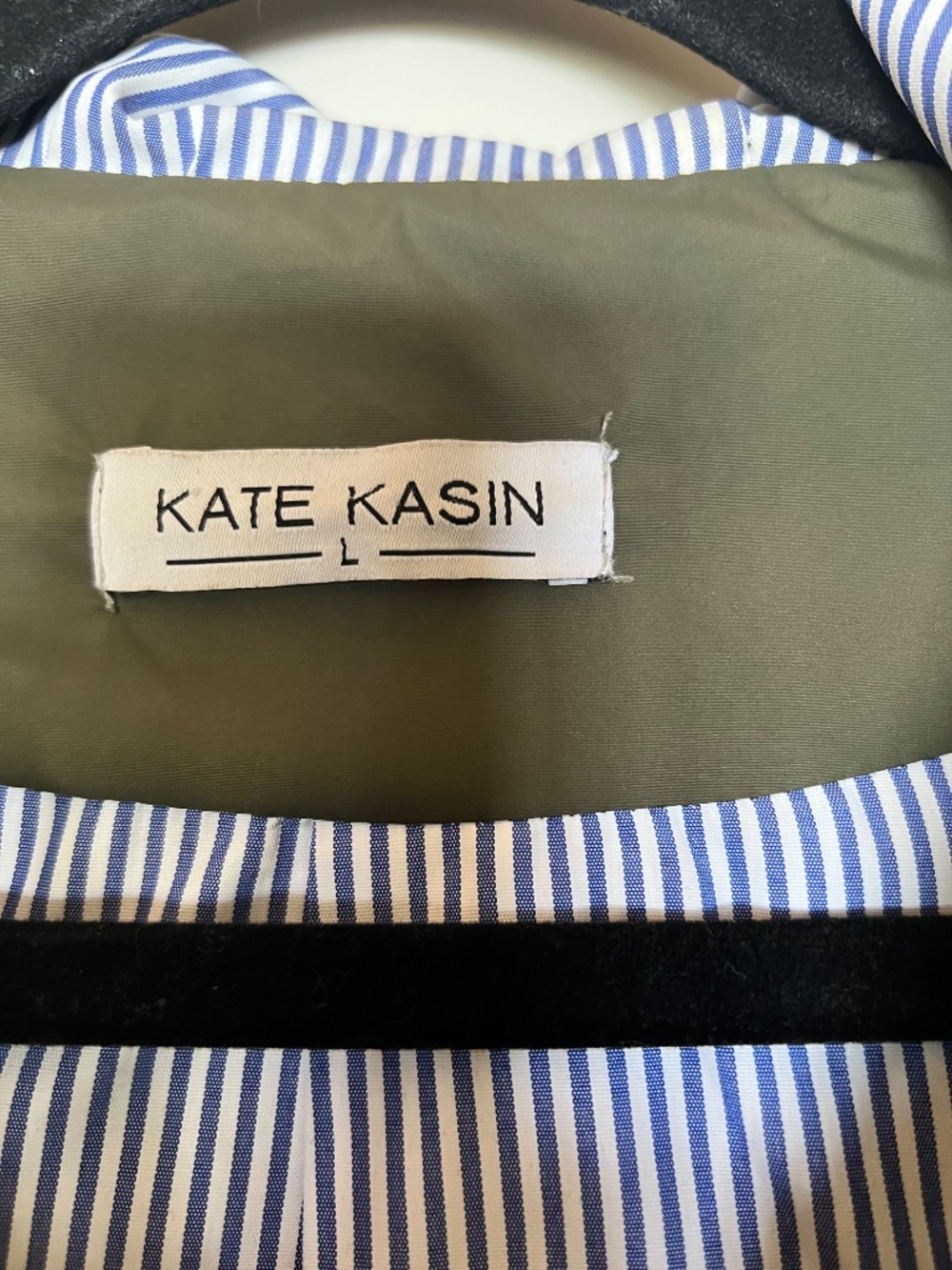 Kate Kasin Olive Green Raincoat Parka Jacket Striped Lined Hooded Large - Picture 4 of 6